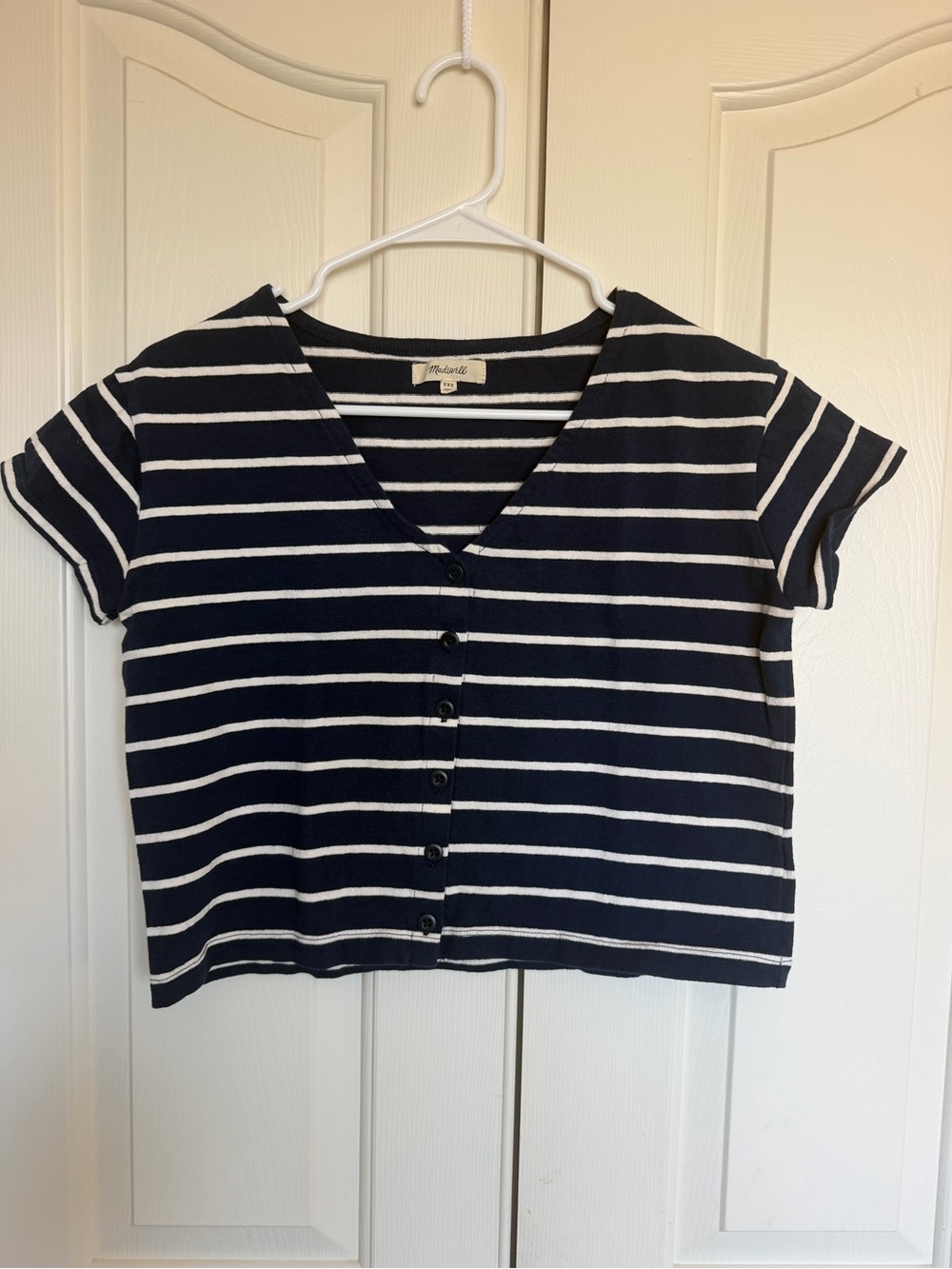 Madewell Navy & White Striped V-Neck Button Crop Top